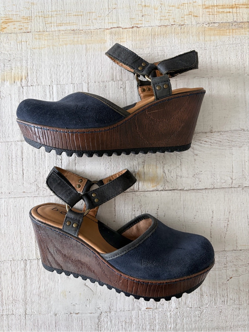 B.O.C. Rina size 7 Navy Blue Suede Mary Jane Clog Wedge Shoes Boho Retro Leather